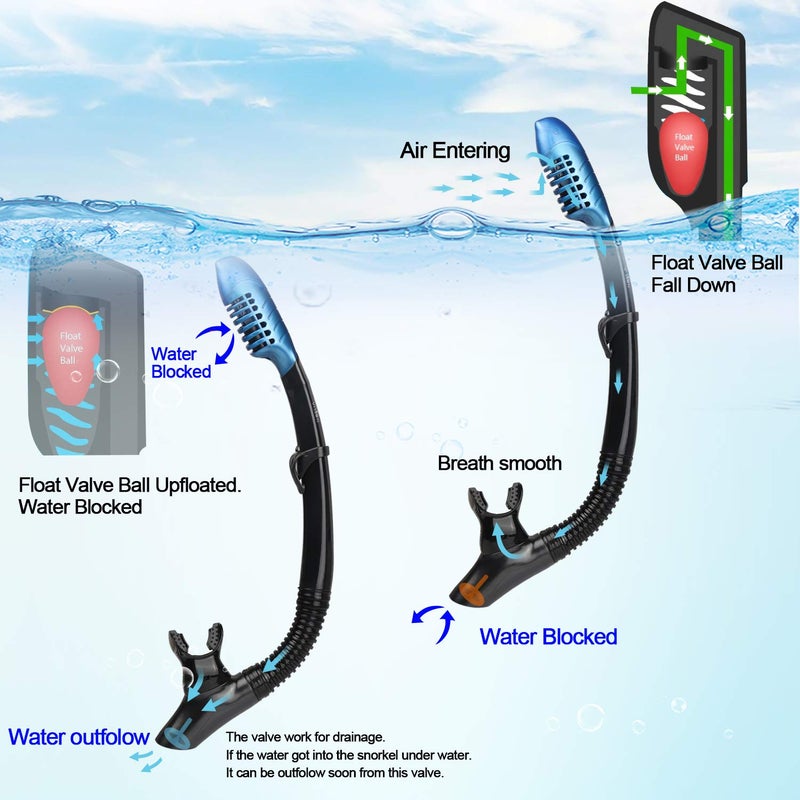 EXP VISION Adult Snorkel Set, Professional Snorkeling Gear Panoramic Anti-Fog Diving Goggles and Dry Snorkel Tempered Glass Scuba Mask for Diving, Snorkeling and Swimming (Blue-Silver Set) - Image 3